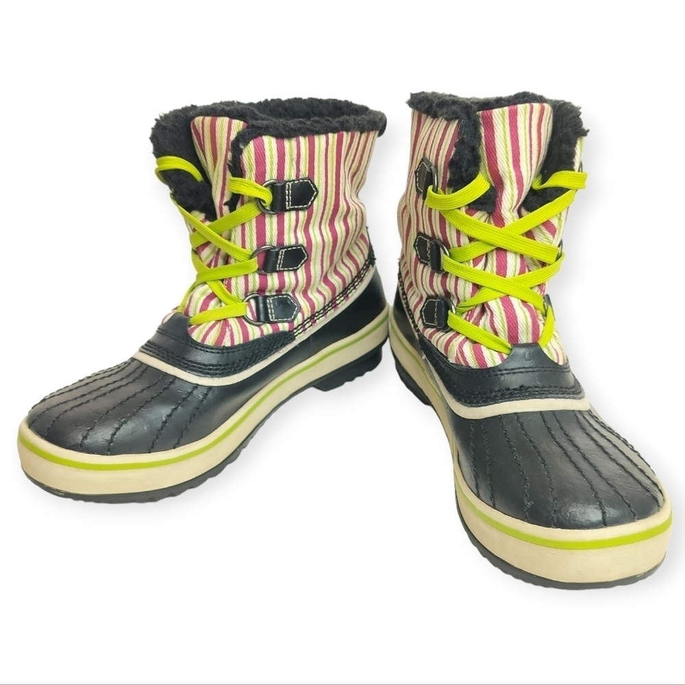 SOREL Tivoli Rubber Pink Green Striped Youth 4 Winter Duck Boots Faux Fur Trim - Picture 4 of 15